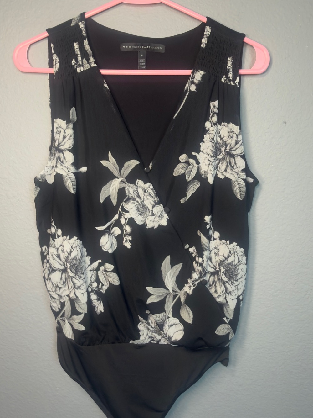 White House Black Market Black Floral Faux-Wrap Bodysuit